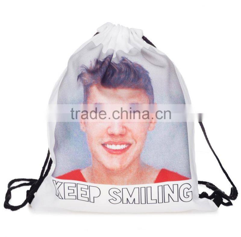 China Supplier Hot Sale Digital Print Smiling Cheap Custom Drawstring Bag