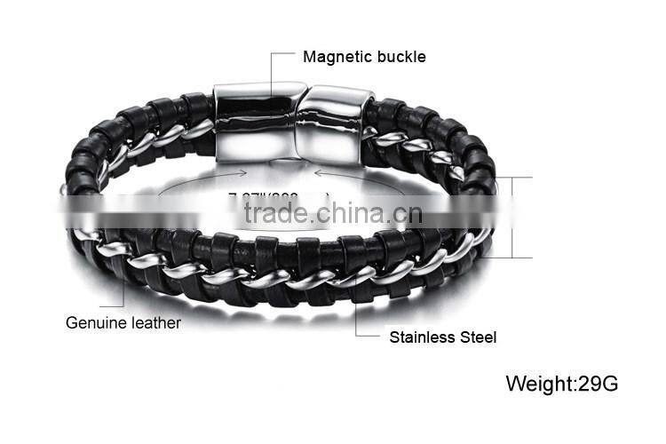 Men's Magnetic Buckle Stainless Steel Genuine Leather Rope Bracelet Braided Cuff Bangle Silver Black