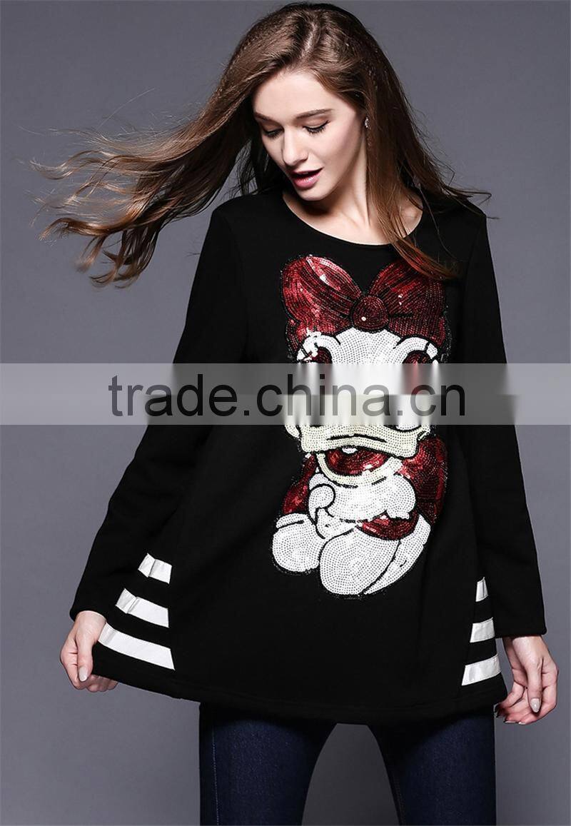 2016 Spring New Latest Fashion Design Plus Size Loose Style Long Sleeve Black Women Long Tops