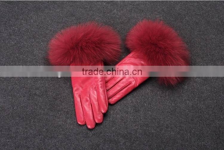 Winter Ladies Sheep Leather Gloves With Beige Fox Fur Cuff