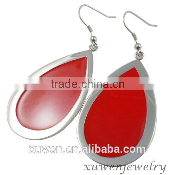 oval red enamel stainless steel long hanging earrings