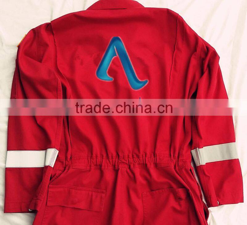 red coverall with printing and reflective tapes fire proof