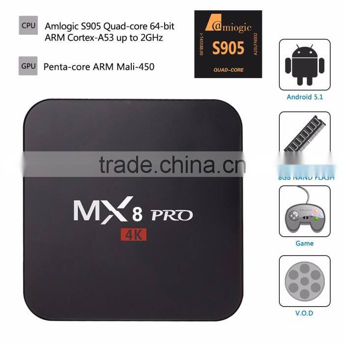 High Quality MX8 Pro with 4K Bluetooth Amlogic S905 Google 5.1 Quad Core tv box kodi Mx8 Pro Ott tv box