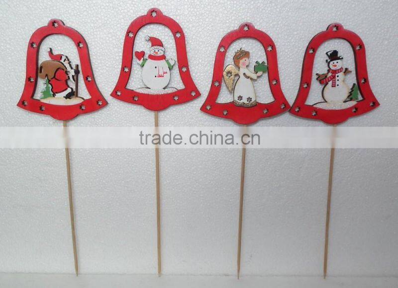 Wooden christmas bell shape Stick with snowman /santa claus /angel ornament cheap XMAS bell garden Decoration