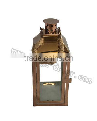 Small metal stainless steel candle lantern with rope