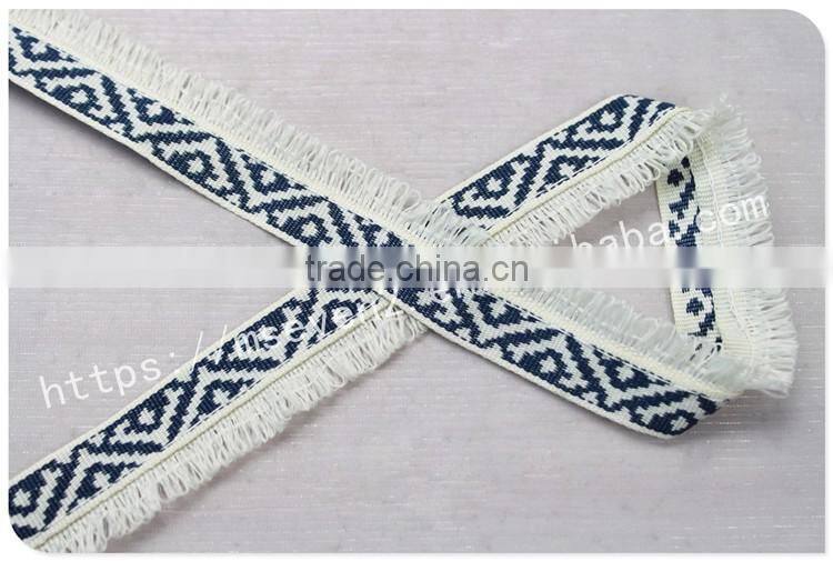 Newest design polyester 2 cm width ethnic woven webbing with fringe