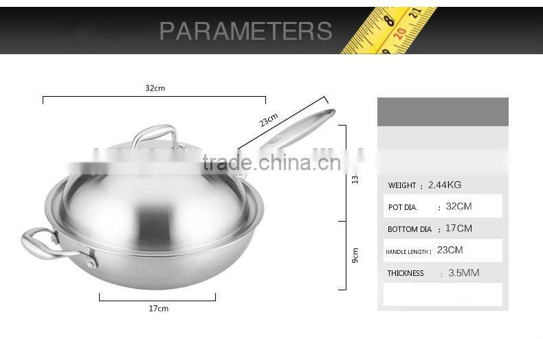 3 Layer Hot sale Stainless Steel Wok Pan,Chinese Wok no ear
