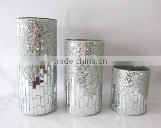 Wedding Gift Silver Crackle Mosaic Decorative Heavy Large Cylindrical Glass Vase