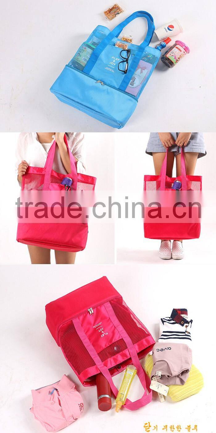 Custom Mesh beach tote bag / ice cooler bag with insulated compartment