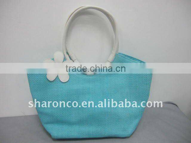 Candy strip paper straw fabric beach bag with handle