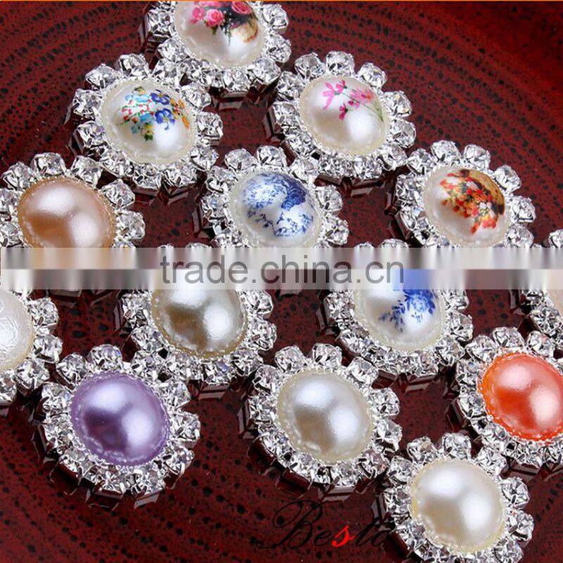 2016 Top fashion flower printed rhinestone around pearl button