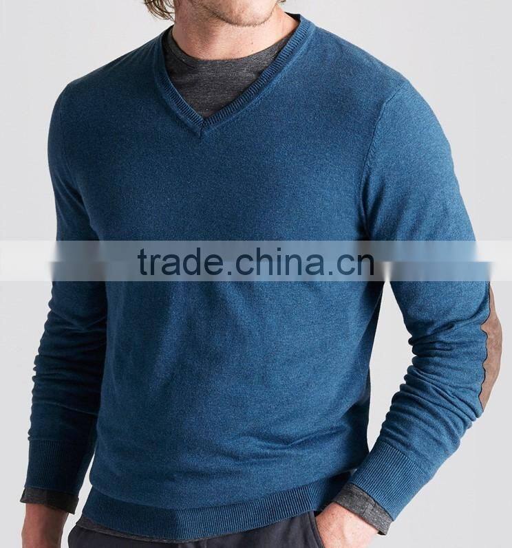 High Quality 12GG casual men's v-neck 100% cashmere sweater with elbow patches (BKNM10)
