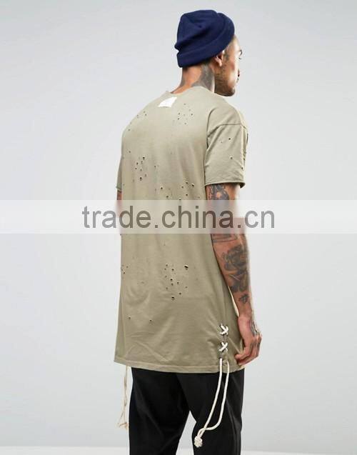 Personalized wholesale import longline distressed t-shirt men OEM, street hip hop wear
