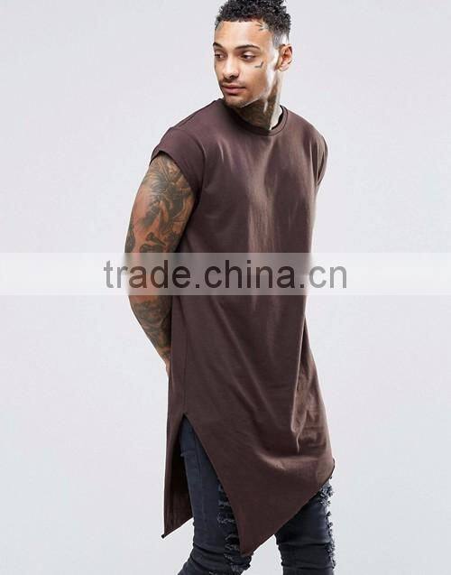 Hip hop fashion men longline cap sleeve asymmetric hem blank t-shirts wholesale