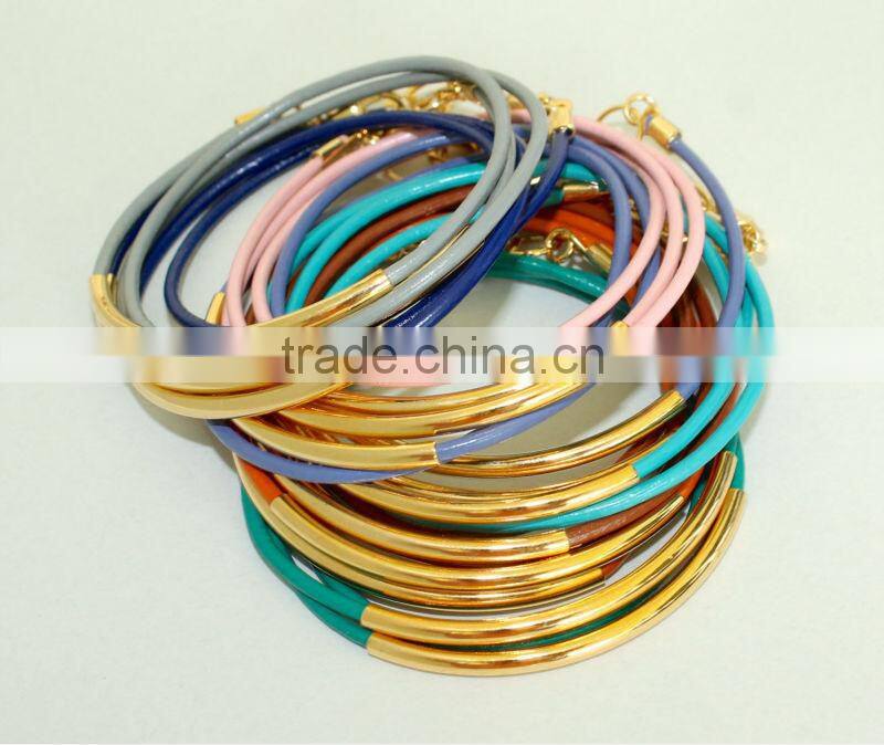 silver tube leather bracelet, 10pcs stacking leather bangle bracelet, new design thin leather bracelet