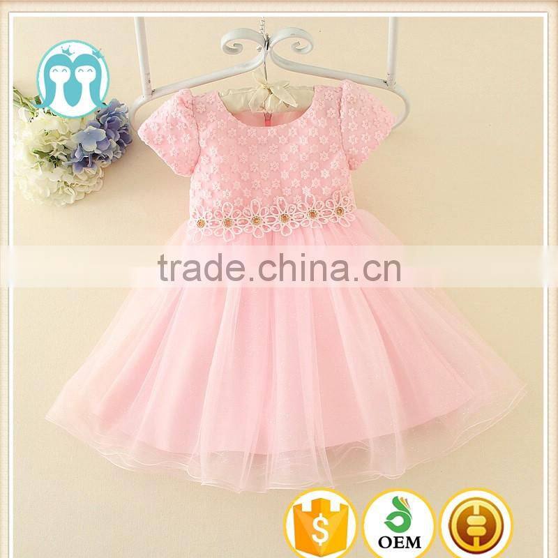 2017 Vietnam Summer Fashion baby frock design Pink short sleeves Embroidery flower Sweet birthday party dresses Turkish dress