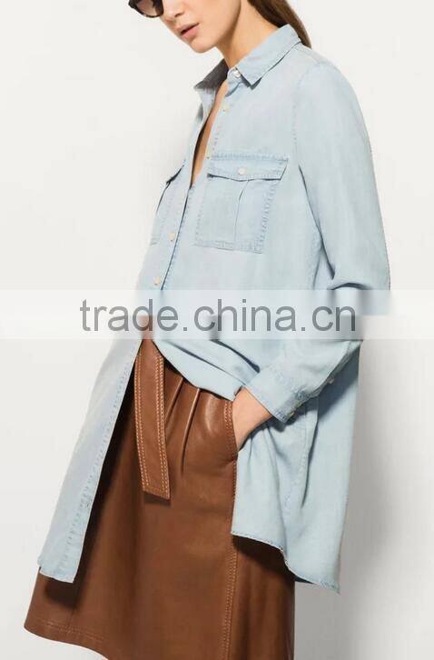 Runwaylover EY2336B Ladies Long Style Fashion Washed Denim Blouse