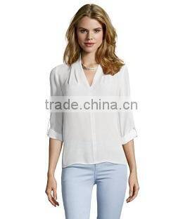 90's Deep plunge wrap over style 2015 new design chiffon ladies blouse