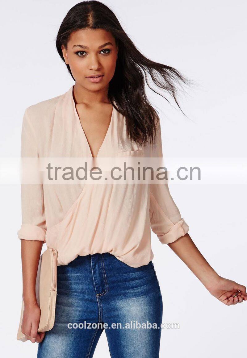 100% Polyester wrap over nude women blouse for middle aged women