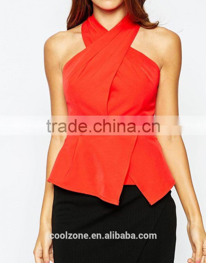 Halter neck smooth stretch fabric peplum top wholesale tank top