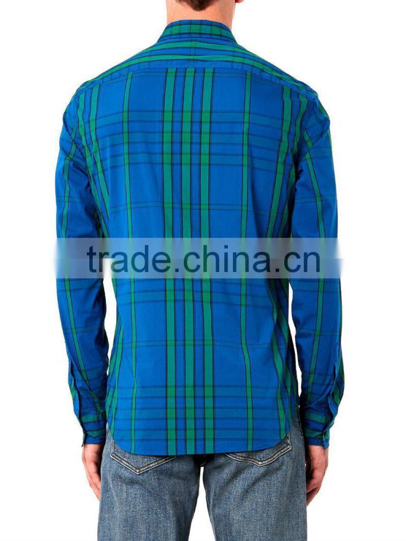 Royal-blue, green and navy graphic check-printing cotton-blend t shirt