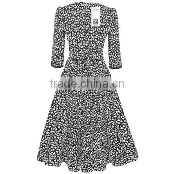 Autumn Winter 2016 3/4 Sleeve Women Fashion Elegant Vintage Rockabilly Floral Swing Party Dresses 1950s Style