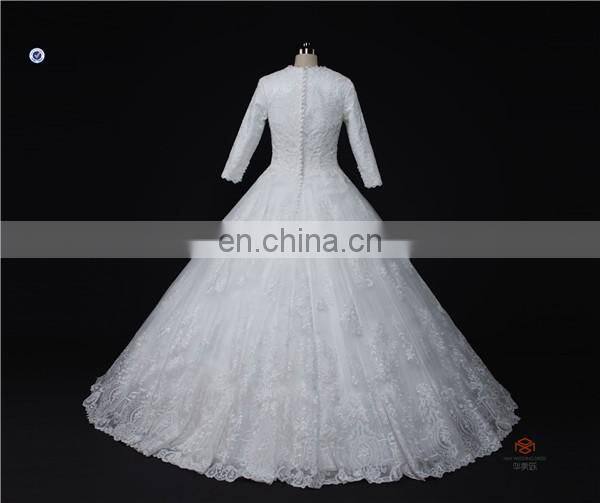 HMY-E0363 Scoop Neckline Heavily Appliqued Lace Floor Length Muslim Long Sleeve Wedding Gown 2016