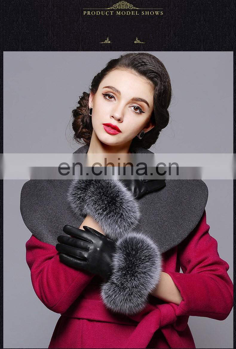 Genuine Sheepskin Leather Gloves Real Fox Fur Cuffs Gloves for Women Winter Leather Glove