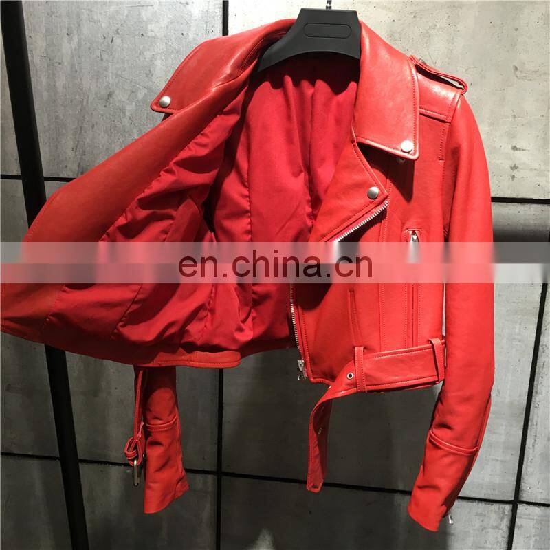 Wholesale Chinese Haining Genuine Leather Coat Woman Red Leather Jacket