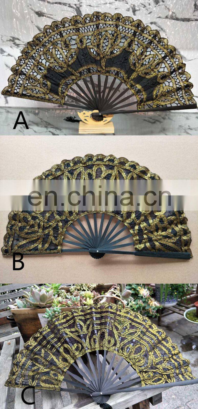 Lolita Style Black with Metallic Gold Lace Battenburg Lace Fan Wedding Accessories Party Favors Gifts