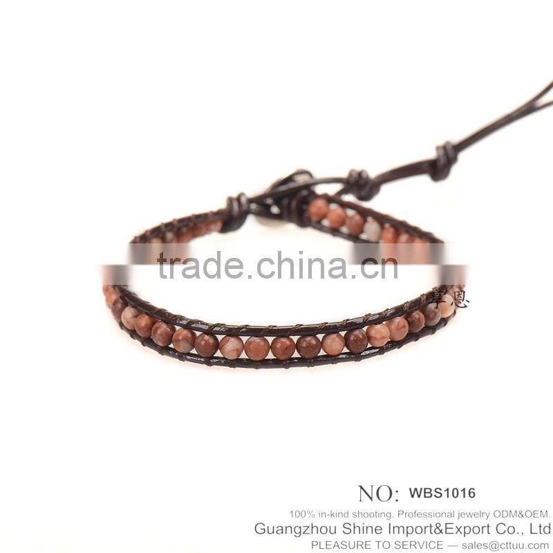 Fashion red leather semi precious stone bracelet wholesale XE09-0061