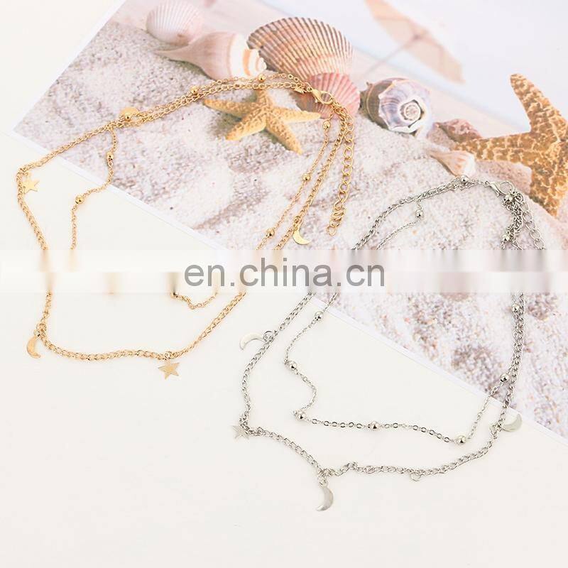 simple Moon Star Charm Choker Necklace for Women Gold and Silver Color Multi Layer Necklaces Jewelry