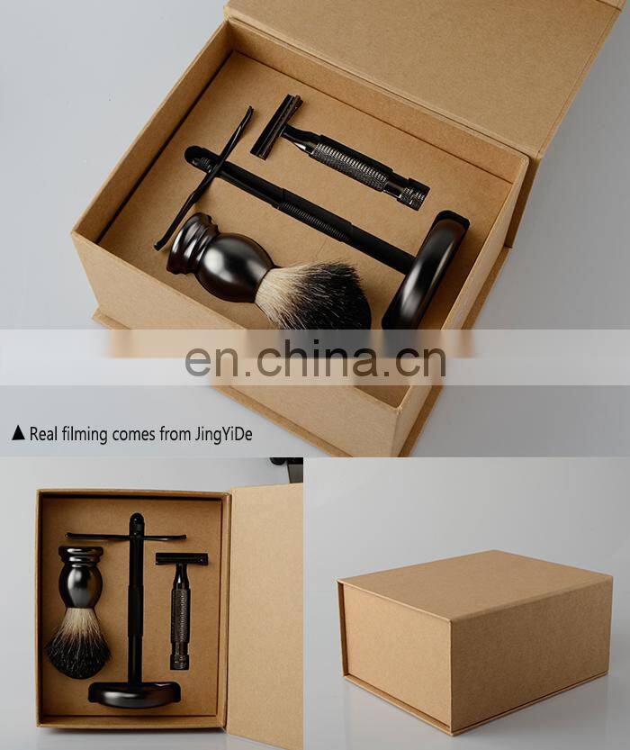 mens black metal shaving razor brush stand with craft paper box grooming set