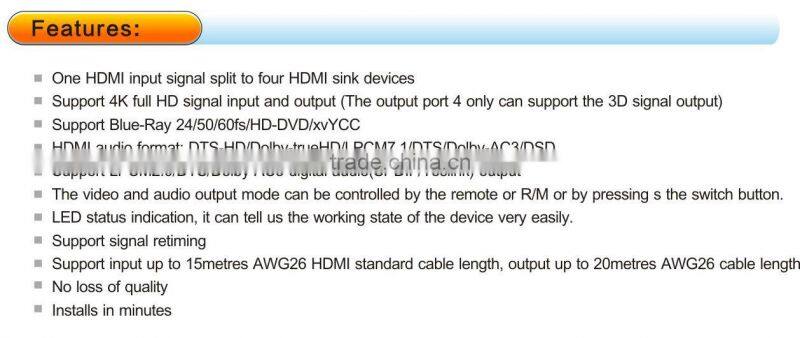 HDMI 4 Port Way Distribution Splitter 1x4 1 In 4 Out
