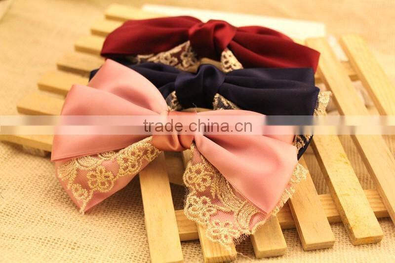 Large three layered satin ribbon bow Clip,Gold Lace bow Flower