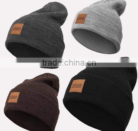 Wholesale High Quality Acrylic Men Hip Hop Custom Leather Patch Beanies