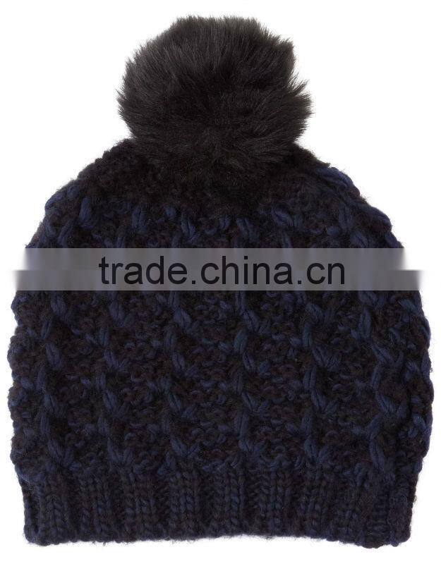 Deep blue ladies knitted winter beanie hat with pom pom