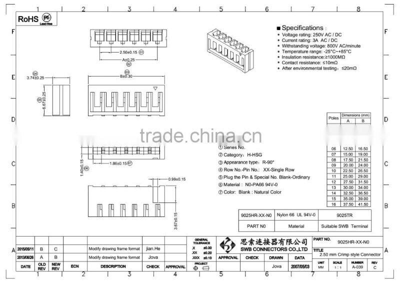 2.5MM Pitch Board-IN electric connector JST SCN replacement