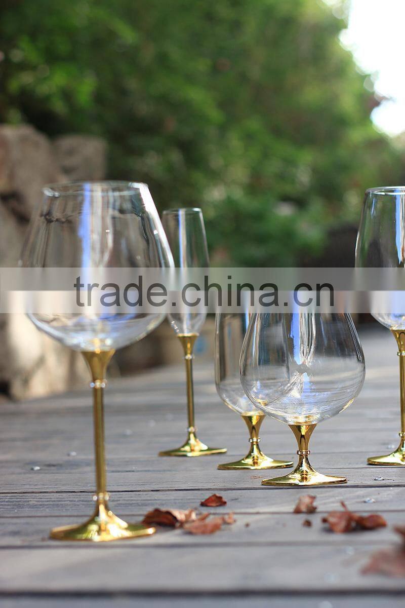 2015 new design clear crystal 680ml brandy glass with imitation gold stem