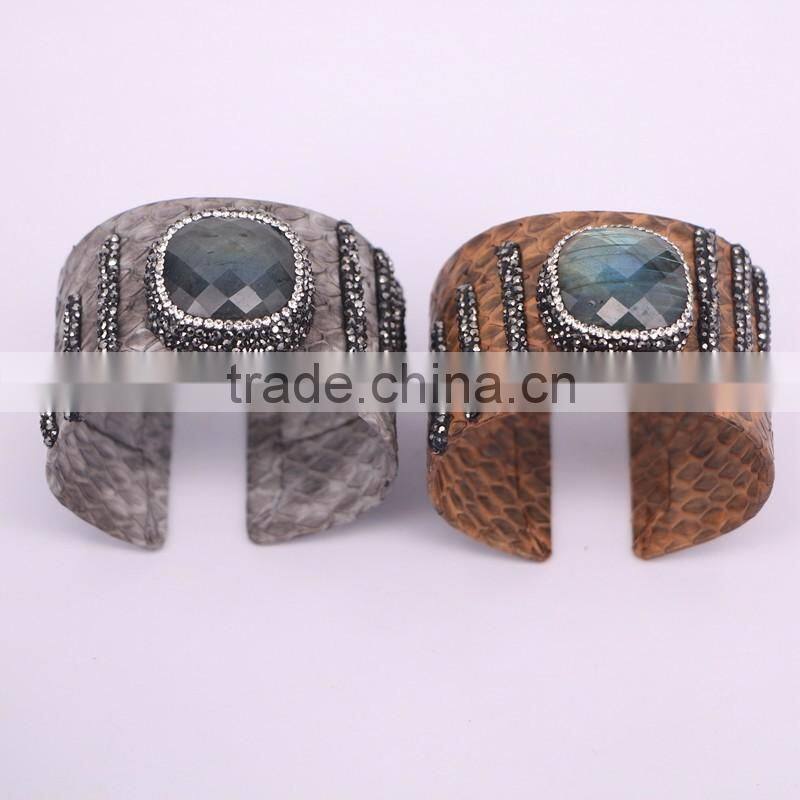 Natural Labradorite Amazon Turquoise Amethyst Gem Stone Bangle, Snakeskin Wrap Pave Crystal Leather 40mm Cuff Bangles