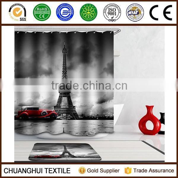 polyester material 3D printed Eiffel Tower customized shower curtain