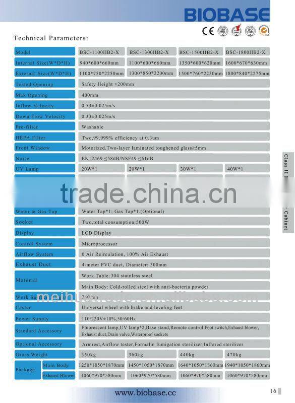 CE certified, 3 feet, Class II B2 Biological Safety Cabinet BSC-1100IIB2-X