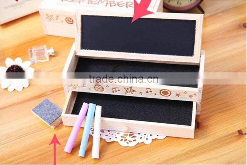 Cute Vintage Wooden Boxes Stationery Bag Double Drawer School Pen/Wooden DIY pencil box with small blackboard and drawer