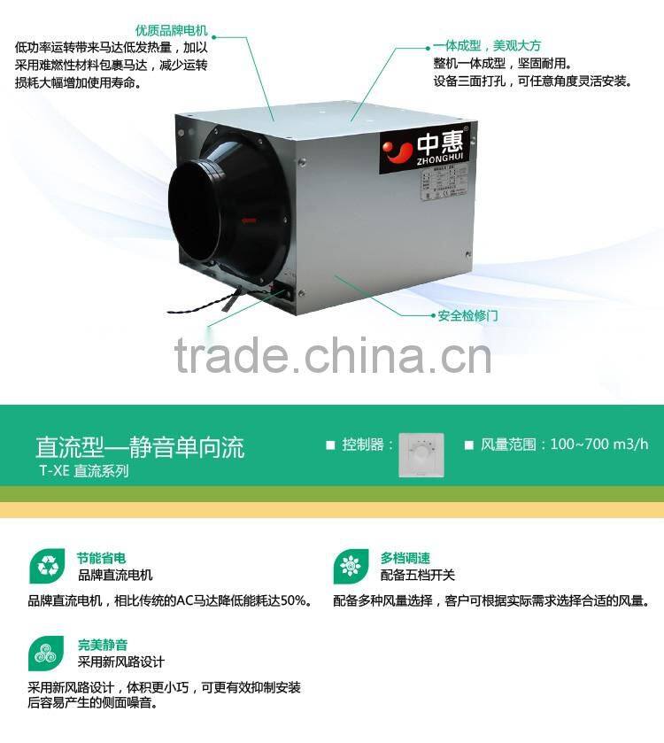 Noiseless unidirectional flow for fan ventilation air condition with heating unit