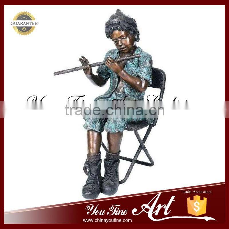 Outdoor Bronze Boy Playing Flute Music Sculpture