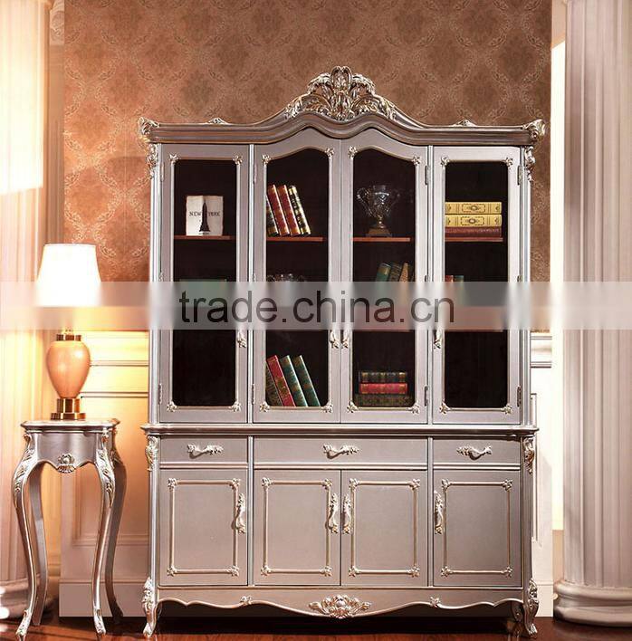 Luxury European Style Bookcase, New Classic Silver Hand Carved Bookshelf, Simple Design Wooden Book Cabinet (BF01-ML015)