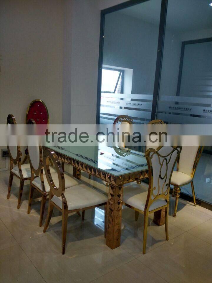 Good quality Large size Rose gold Glass top metal frame dining table