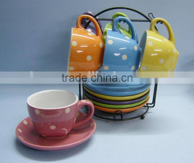 Hand printing ceramic coffee mug set with metal stand