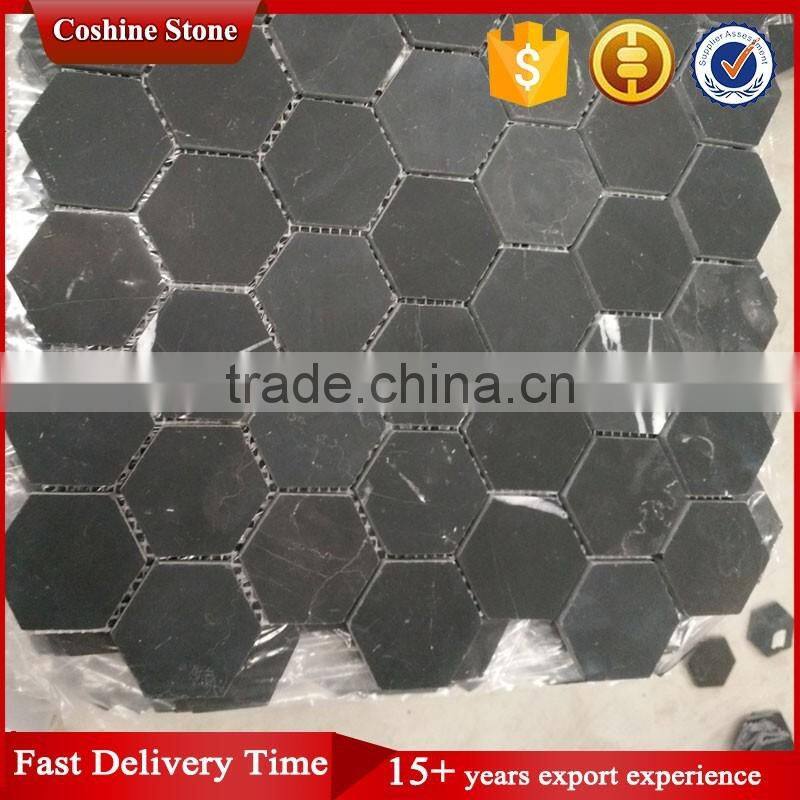 Honed surface hexagon shaped black nero marquina marble mosaic art floor tile