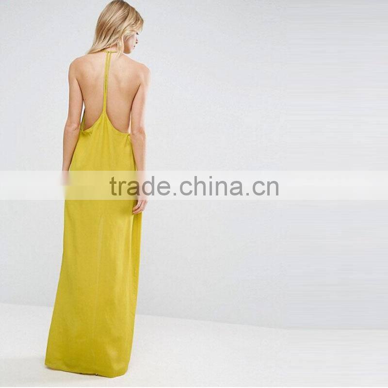 2017 Summer High Neckline Front Split Sexy Long Yellow Dresses For Women HSd9018